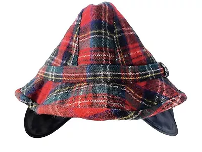 Malrov RED PLAID Wool Tweed Fedora Hat W/ Ear Flaps Men’s Winter Cap U.S.A. • $11.70