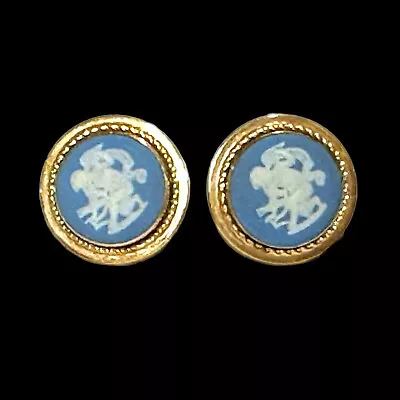 Vintage WEDGWOOD VAN DELL CO. 12K Gold Filled Blue Cupid Cameo Screw Earrings • $79.95