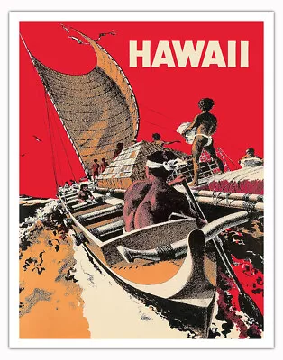 Hawaii Outrigger Canoe Voyage - Vintage Hawaiian Travel Poster By Lanterman • $12.98