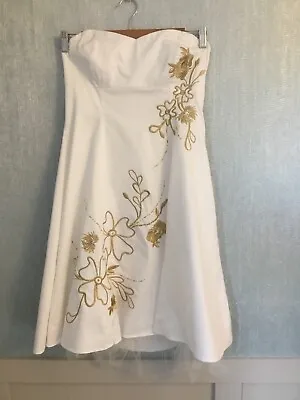 Cotton Club Ladies White & Gold Embroidered Floral Strapless Occasion Dress 12 • £9