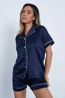 New Women Navy 2 Piece Satin Pyjama Set With Shirt Pull On Short.UK8 10 12 14 16 • $32.35