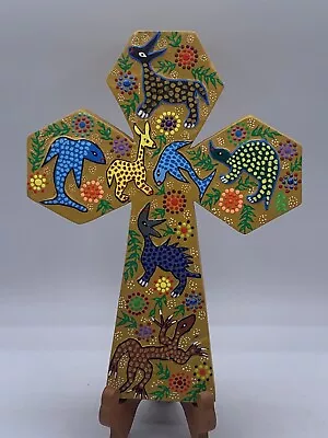 Hand Painted Hand Carved Wooden Cross Made In Oaxaca Mexico Alebrije 11.5”x8.25 • $23