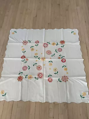 Vintage Linen Tablecloth 47 X47  Floral Stitched • $19