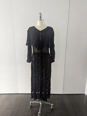 Vintage 80s Black Lace Dress With Long Sleeves Scarf Detail And Midi Length • $16