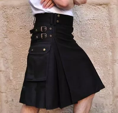 Mens Utility Modern Hybrid Cotton Tartan Kilts Male Scottish Pleated Skirt Black • $27.10