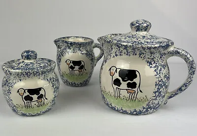 Molly Dallas Cows Blue Spongeware/Spatter Ware Teapot Sugar Creamer Set • $76.50