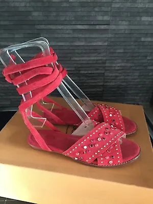 MAJE £125 Red Suede Strappy Sandals With Rhinestones UK 3 EU 36 BNWT • $80.90