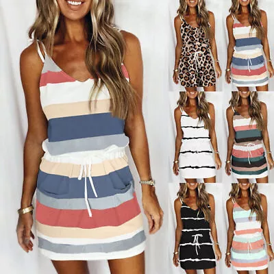 £4.99 • Buy Womens Summer Sleeveless Stripe Mini Dress Ladies V Neck Cami Dresses Plus Size