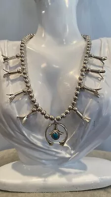 Vintage Native American Sterling Silver Turquoise Squash Blossom Necklace • $380