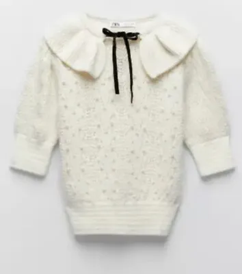 $39.99 • Buy Zara Sz M Medium Ruffle Sweater Top Ivory Velvet Tie Pearl 4331/016