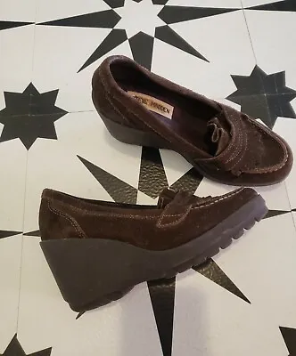 Vtg Steve Madden Alpinne Y2K Brown 5.5 B Suede Leather Wedge Heels Loafer Shoes • $15