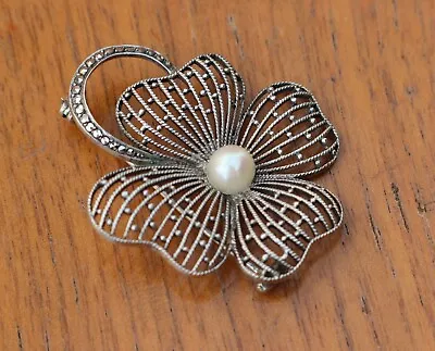 Vintage Germany Sterling Silver 925 S. Christian Pin Brooch W/ Pearl & Marcasite • $98