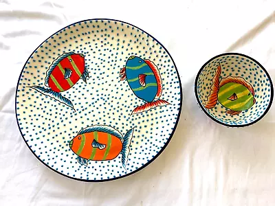 Alba Mexico Talavera Fish Design Raised Dots Round Platter And Small Bowl • $28