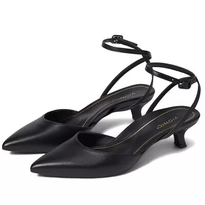 Vionic Jacynda Black Leather Pointed Toe Kitten Heels Shoes Womens Size 7.5 • $58