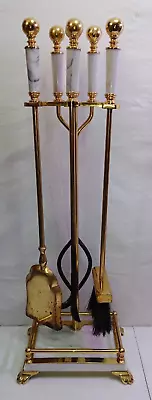 Vintage Elegant Marble & Brass Fireplace Tool Set 4 Piece + Stand - Heavy 22 Lbs • $149.99