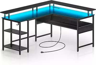 Computer Desk L Shaped 59.4  With LED Lights And Power Outlets Reversible L Sha • $151.37