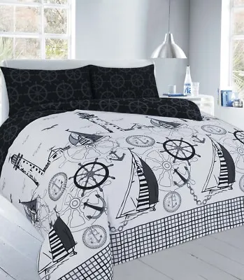 £13.95 • Buy Nautical Seaside Beach Black Printed Duvet Cover And Pillowcase Bedding Set 