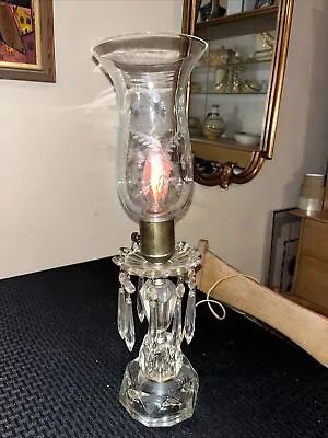 Antique Vintage Etched Clear Glass Hurricane Boudoir Table Lamp Crystal Prisms • $76.50