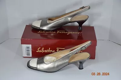 Salvatore Ferragamo Silver Gray Leather Sling Heel Size 9.5AA Lightly Used • $29.95