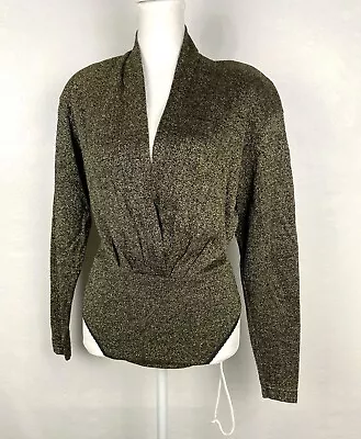 Vintage 80s 90s Ann Tjian For Kenar Gold Metallic Bodysuit Wrap Blouse Top Sz S • $24.80