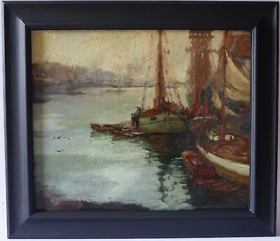 Antique Painting Boats Harbour Scene / Seascape Oil On Canvas 75cm Unsigned. • £331.20