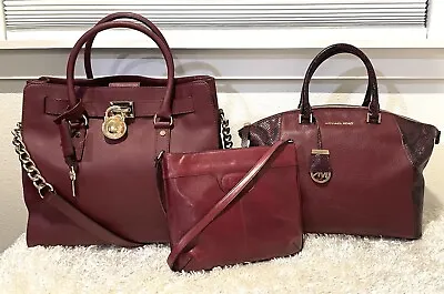 Michael Kors Lot Of 3 Handbags Burgundy Leather Lrg Tote Med Satchel & Crossbody • $145