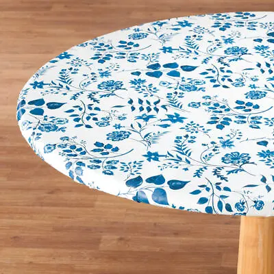 $21.99 • Buy FITTED Floral Vinyl Table Cover 40-44  45-56  Round 42x68 Blue Sage Burgundy