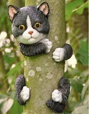 Cat Tree Peeker Garden Ornament Kitten Branch Hugger Animal Black White Novelty • £8.99