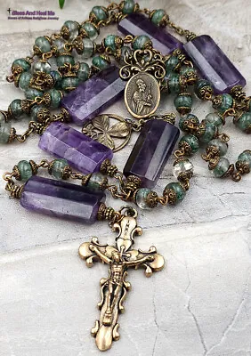 St Patrick Bridget Shamrock Green Quartz Amethyst Vintage Bronze Rosary • $159