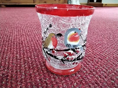 Clear Crackle Glass Christmas Votive/tealight Holderwith Robins Painted On Glas • £7.50