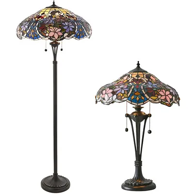 £1149.99 • Buy Floral Tiffany Glass Lighting - Matching Floor & Table Lamp Bundle - Dark Bronze