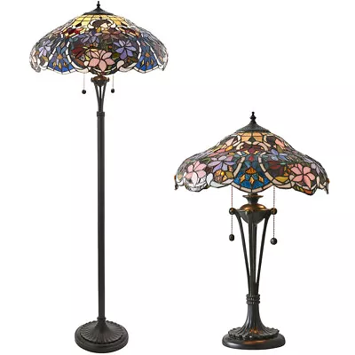 £1179.99 • Buy Floral Tiffany Glass Lighting - Matching Floor & Table Lamp Bundle - Dark Bronze