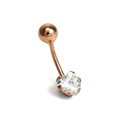 375 9ct Rose Gold & Clear CZ Crystal Heart Belly Bar Body Jewellery Piercing • £52