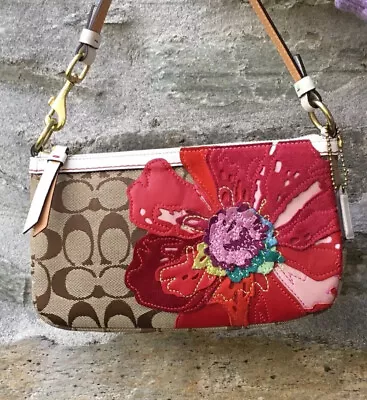 VTG Coach Brown Signature Logo Poppy Red Floral Applique Baguette Handbag 6246 • $58.99