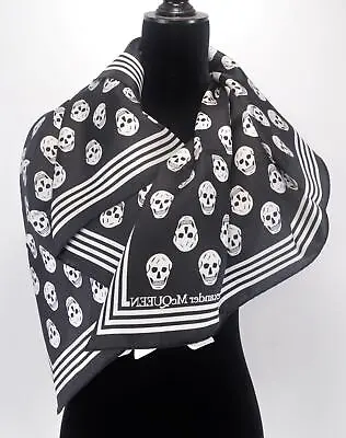 New Alexander McQueen 590929 Silk FO BIKER Border Trim Skull Scarf BLACK/WHITE • $138.60