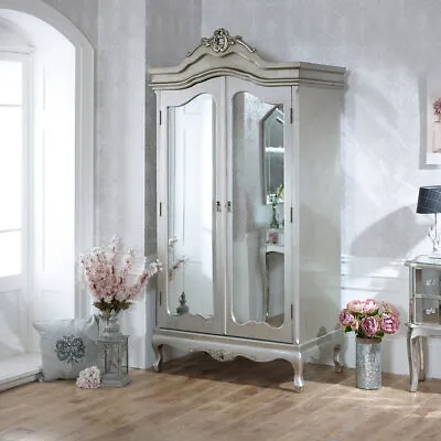 Double Mirrored Wardrobe Painted Distressed Silver Hanging Rail Bedroom French • £742.95