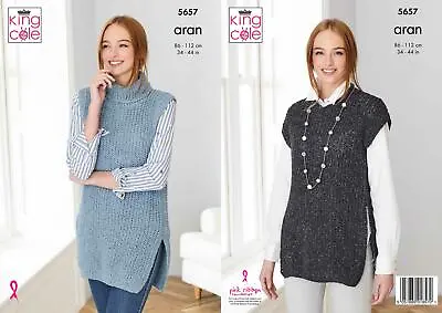 King Cole 5657 Knitting Pattern Womens Short And Long Tabards In Forest Aran • £4.59
