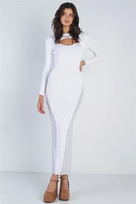 Cutout Bust Mesh Side Detail Long Sleeve Dress White • $32.99