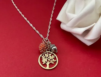 Gold Or Silver Tree Of Life Acorn & Pine Cone Nature Necklace 20” Twist Chain • £5.95