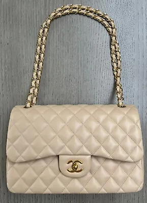 Chanel Jumbo Beige Clair Lambskin Leather Bag With Gold Hardware • £4990