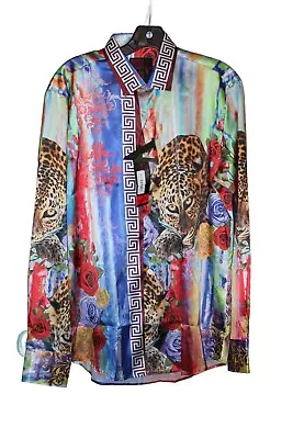 Men's Vassari LA Designer Italian Style Leopard Baroque Style Button Up Shirt • $38.95
