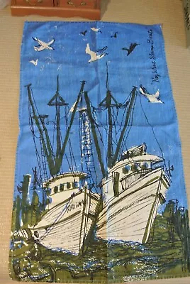 Vintage Key West Hand Print Tea Towel Signed Zuzek  Shrimp Boats • $24.37