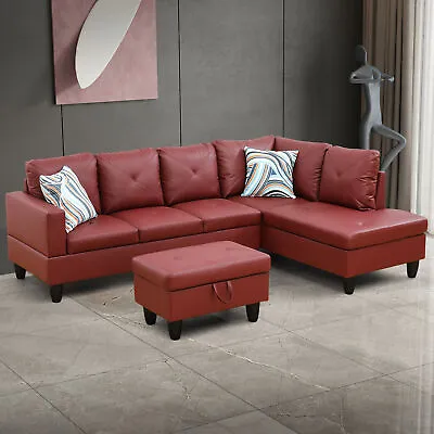 Modern Red L-Shaped Sectional Sofa Set PU Leather Living Room Couch W/ Ottoman • $681.81