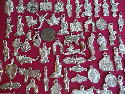 50 SILVER Milagros Mexican Folk Art Charms Day Of The Dead Ex Voto Nicho Lot • $17.95