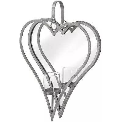 Large 50cm Heart Antique Silver Mirrored Wall Sconce Candle Tealight Holder • £33.99