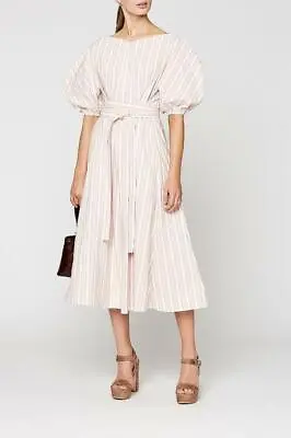 $230 • Buy SCANLAN THEODORE White Peach Nautical Stripe Puff Sleeve Midi Dress Sz 8