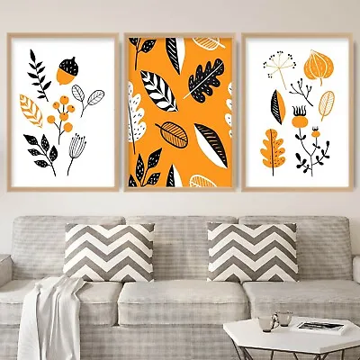 Framed Autumn Leaves Black And Orange Wall Art Print Picture Print Set Of 3 • £279