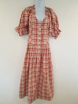 Vintage Dress Midi Cotton Pockets Check Tartan Size 12 Corset V Neck Button Folk • £50.15