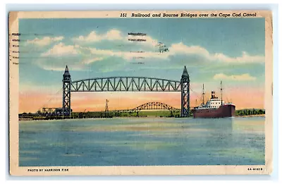 Postcard MA Cape Cod Canal Railroad Bourne Bridges Ship Buzzards Bay Linen C1936 • $5.99