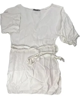 $6 • Buy Island Company Linen Dress Medium Belted White Shift Shirt Short Sleeve *flaw*